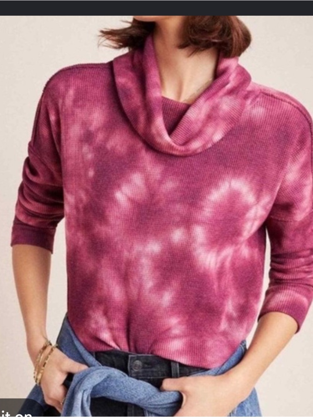 Anthropologie Maeve Ainsley Pink Tie-Dye Long Sleeve Turtleneck Tee waffle knit